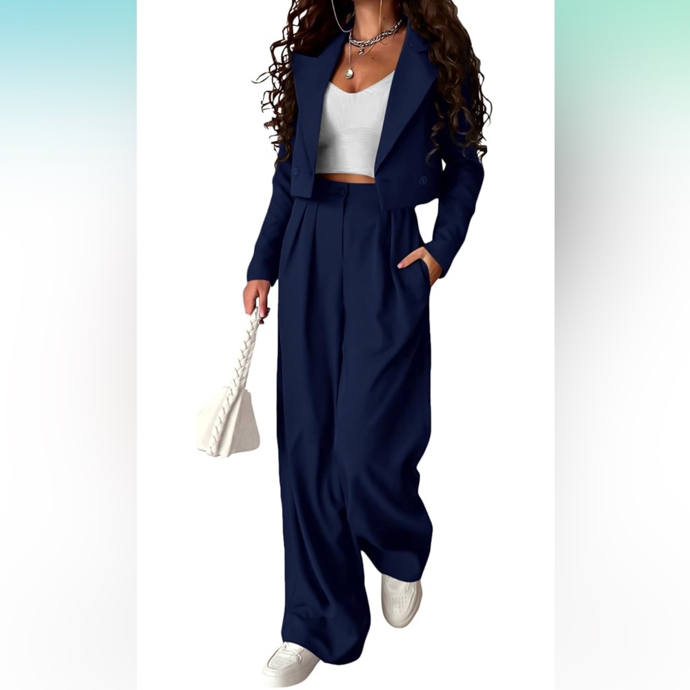 Two piece navy blazer with wide leg pants